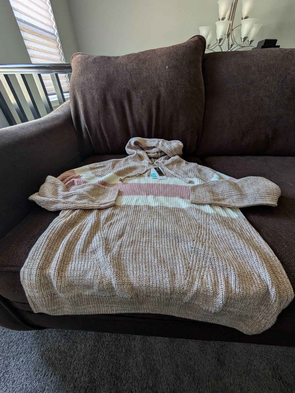 Striped Knit Hooded Turtleneck Sweater in Beige, Pink & Cream